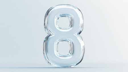 Number eight appears in a transparent, crystal-like texture, reflecting light in a minimalistic, modern setting, emphasizing clarity and elegance.の素材