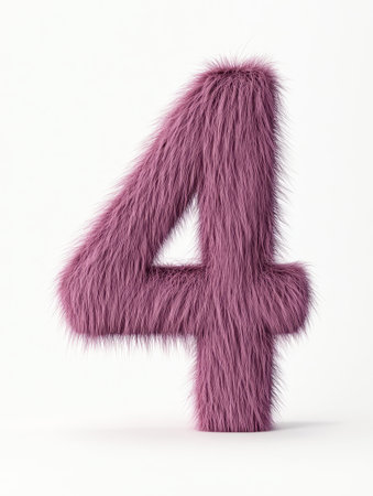 Fluffy number four with a vibrant pink fur texture stands prominently against a clean white backdrop, creating a playful visual effect.の素材