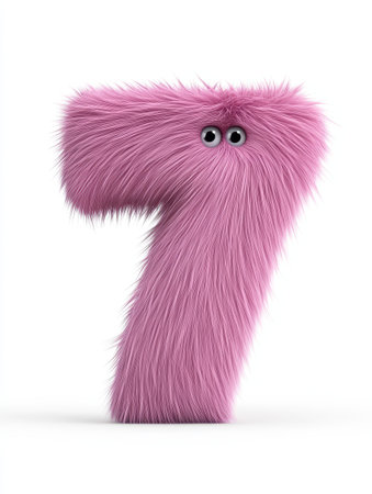 Bright pink fluffy number seven with expressive eyes stands out against a plain white background, exuding a cheerful vibe.の素材