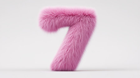 A vibrant pink furry number seven stands on a plain white background, showing its soft texture and playful design.の素材