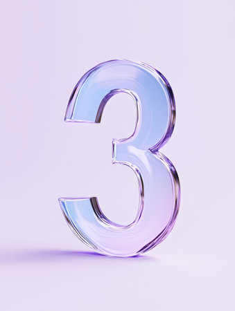 A transparent glass number three stands prominently against a soft pastel background, highlighting its modern and minimalist aesthetic.の素材