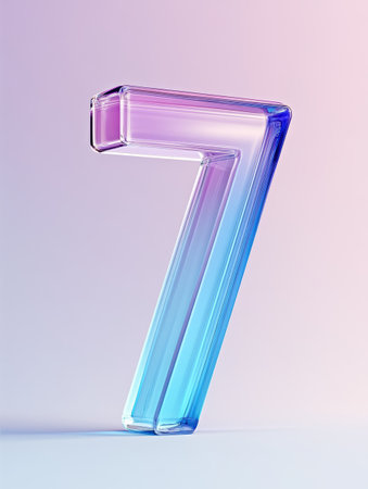 Transparent number seven made of glass displays a gradient of soft colors, creating an elegant and artistic design on a minimal background.の素材
