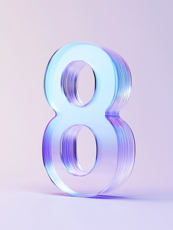 A clear glass number eight stands prominently, showcasing its elegant design while reflecting hues of soft colors in a minimalistic setting.の素材
