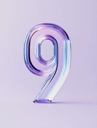 A glass number nine stands prominently against a pastel background, reflecting light and illustrating contemporary art aesthetics.の素材