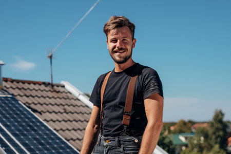 A young man with a confident smile stands on a rooftop, wearing suspenders and enjoying a sunny day with solar panels nearby.の素材