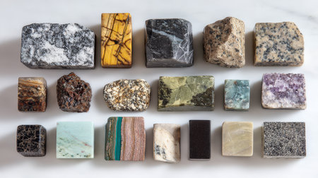 A collection of different stone samples showing unique textures and colors for educational and aesthetic purposes.の素材