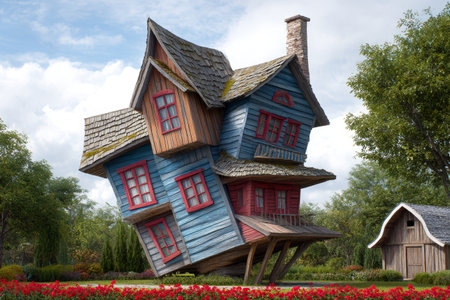 A bizarre house stands at an unusual angle in a lush garden filled with bright flowers, evoking a whimsical atmosphere.の素材
