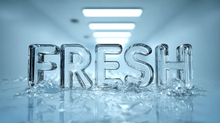 Clear glass letters form the word fresh, capturing reflections and surrounded by water in a bright...