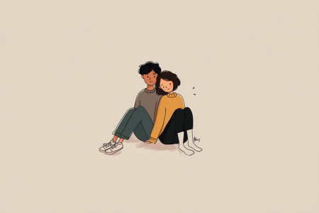 Two people sit closely, smiling softly at each other, showcasing a tender moment filled with warmth...