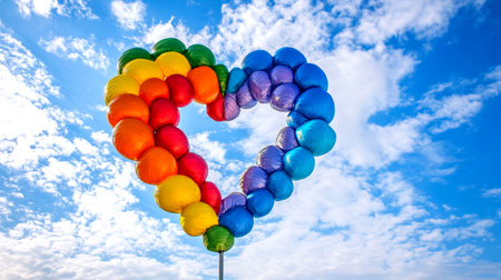 A heart-shaped cloud formation filled with rainbow hues floats gracefully in a perfectly clear sky, creating a captivating sight.の素材