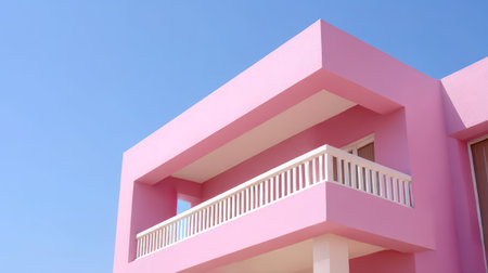 Brightly colored pink structure features an inviting balcony and clear sky above during a sunny day.の素材