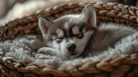 A newborn husky puppy rests peacefully inside a woven basket, surrounded by soft blankets, enjoying a serene indoor environment.の素材