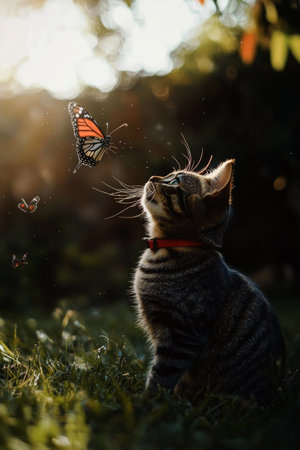 A playful tabby cat crouches, ready to pounce on a colorful butterfly in a sunlit garden filled with green grass and flowers.の素材