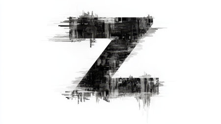 Glitchy letter Z appears in a thin hacker font, featuring a chaotic black-and-white digital distortion. The design evokes a serious cyber aesthetic.の素材