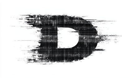A serious hacker themed letter D is depicted in a thin, glitchy font showing distortion effects on a clean white background.の素材