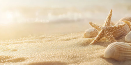 A sandy beach features colorful starfish and various shells, basking in soft sunlight on a serene coastal afternoon.の素材