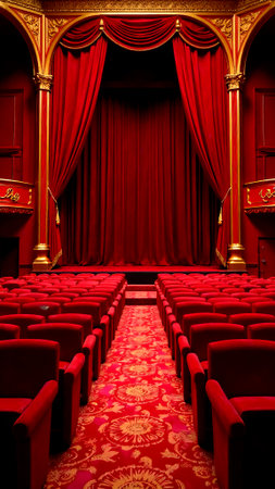 Rich red seats line the theater, leading to a grand stage draped with luxurious red curtains, creating a warm and inviting atmosphere for performances.の素材