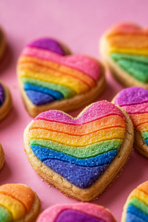 Close-up view of vibrant heart-shaped cookies featuring rainbow colors, perfect for celebrations or special occasions.の素材