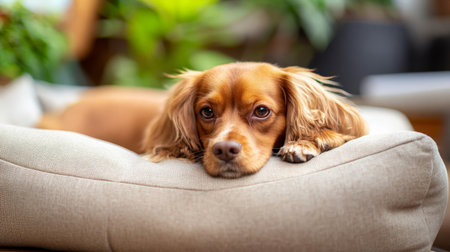 A dog rests peacefully on a personalized bed, showcasing a serene moment in a well-lit indoor setting filled with greenery.の素材