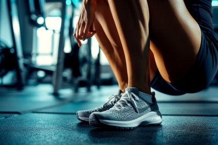 Individual is getting ready for a workout in a gym, comfortable wearing athletic gear and shoes while squatting on the gym floor with exercise equipment nearby.の素材