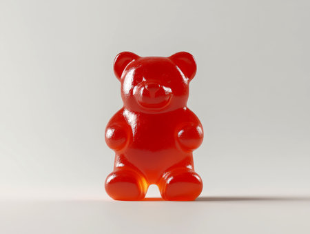 A single red gummy bear candy rests on a clean white surface, emphasizing its vibrant color and glossy appearance, inviting a sense of fun.の素材