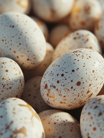 Close up view of intricately decorated Easter eggs featuring unique patterns, perfect for celebrating the Easter holiday with family and friends.の素材