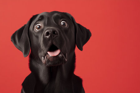 Black Labrador Retriever looks surprised with its tongue sticking out, displaying a playful demeanor against a bright red backdrop.の素材