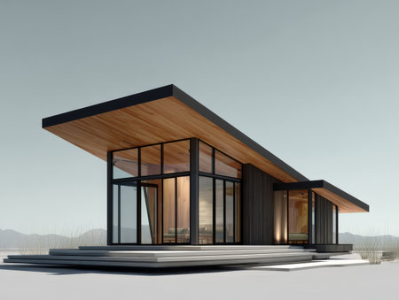 This structure features sleek wooden design elements and extensive glass windows, creating a bright, inviting atmosphere in nature.の素材
