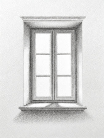 A pencil sketch of a minimalist window layout highlights architectural beauty with clear lines on a white background.の素材