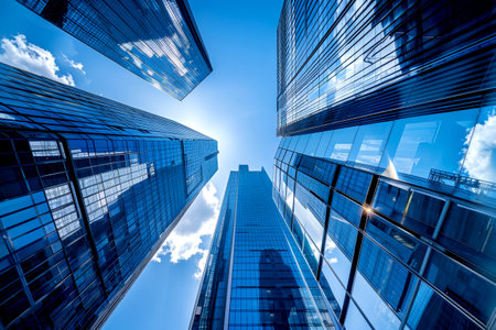 Tall glass skyscrapers tower against a clear blue sky with bright sunlight reflecting off the windows, creating a striking urban scene.の素材