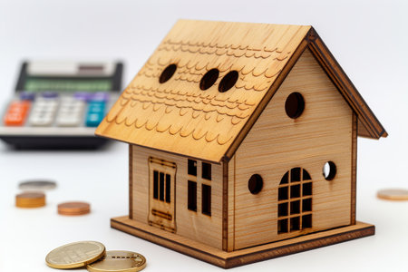 A wooden house model sits on a surface surrounded by coins and a calculator, illustrating the concept of savings and budgeting for buying a home.の素材