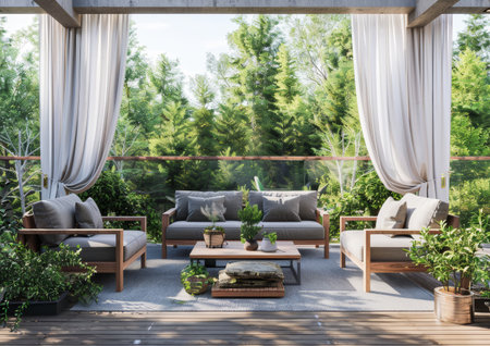 Cozy outdoor lounge area features stylish seating, a wooden table, and soft curtains. Surrounded by vibrant greenery, this space invites relaxation and comfort.の素材