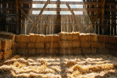 Bright rays of sunlight pour through the barn's openings, illuminating stacks of hay and creating a warm, inviting atmosphere in the countryside.の素材