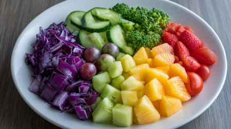 Bright and fresh salad features colorful fruits and vegetables arranged beautifully, perfect for a healthy meal.の素材