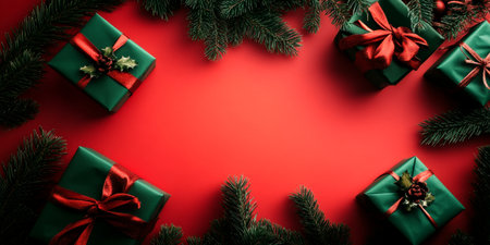 Bright red backdrop features beautifully wrapped green gifts adorned with ribbons and holly surrounded by lush evergreen branches, creating a festive scene.の素材