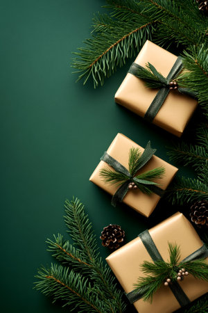 Golden wrapped gifts are arranged beautifully amidst lush evergreen branches and pine cones, creating a warm and inviting holiday atmosphere.の素材