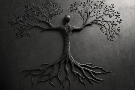 This artwork features a tree of life with spreading roots and branches, symbolizing the connection between chaos and nature's beauty.の素材