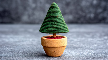 A crafted green tree made of twine stands in a small clay pot, surrounded by a soft winter snow landscape, evoking a calm and cozy feel.の素材