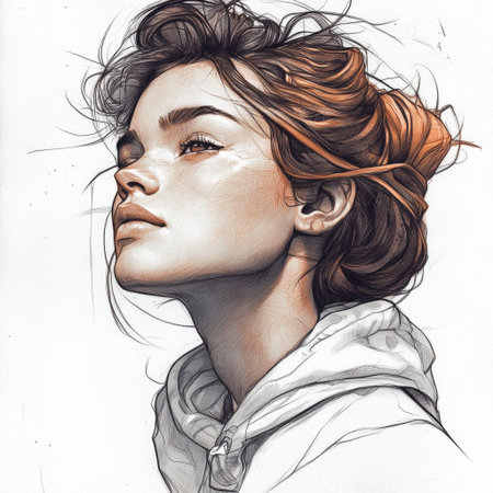 A young woman gazes thoughtfully while wearing a hoodie. Her hair is styled loosely, and the artistic lines highlight her features and emotions.の素材