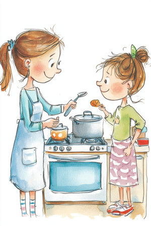 A mother and her daughter smile as they cook in the kitchen. The girl tastes a cookie while the mother stirs a pot, making it a joyful moment of bonding.の素材