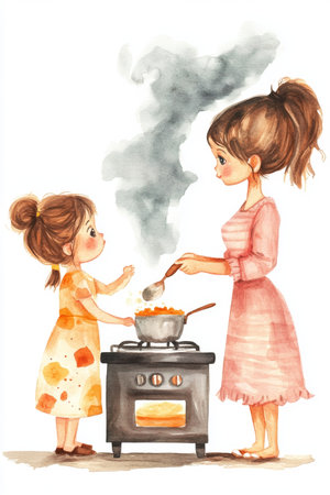 A mother and her daughter enjoy cooking together in a warm kitchen. The daughter helps stir a pot on the stove, filled with vibrant ingredients.の素材