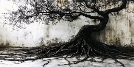 A striking tree of life showcases expansive roots and twisting branches, set against a peeling wall that adds a sense of chaos and texture to the scene.の素材