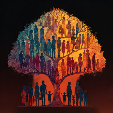 A colorful family tree illustration features various silhouettes of people, symbolizing connections among generations.の素材