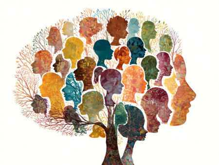 Family tree with vibrant colors and multiple silhouettes of people illustrates the connections between family members and shared heritage.の素材
