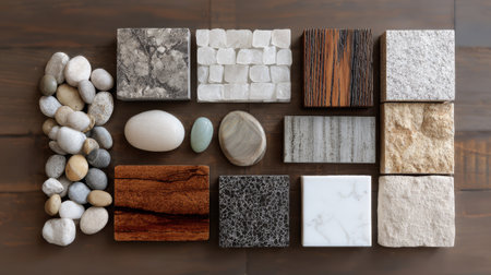 Different stone and tile samples arranged for selection and inspiration in interior design projects.の素材