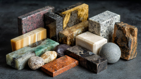 A collection of various stone samples is arranged, highlighting their unique colors and textures in natural light.の素材