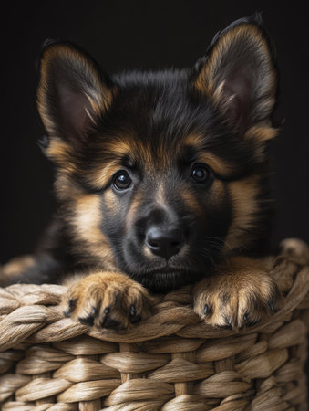 A close-up view of a newborn German Shepherd puppy resting in a woven basket, showing its expressive eyes and soft fur.の素材