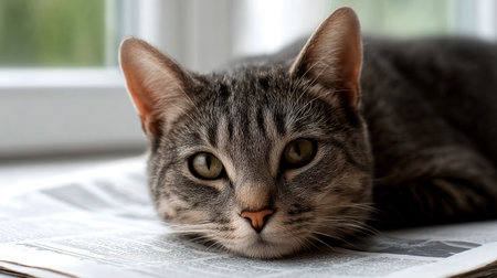 A gray tabby cat rests on a newspaper, curiously observing its surroundings in a cozy indoor setting during daylight hours.の素材
