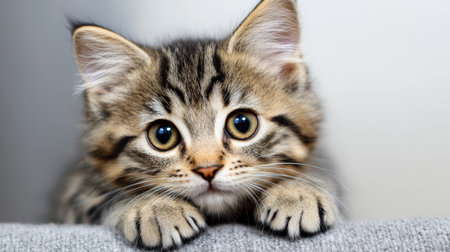 This adorable striped cat with large expressive eyes is playfully resting, showcasing its fluffy fur and lively demeanor in a cozy indoor setting.の素材