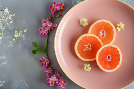 Freshly sliced orange segments are beautifully arranged on a pink plate, surrounded by decorative flowers adding a vibrant touch.の素材